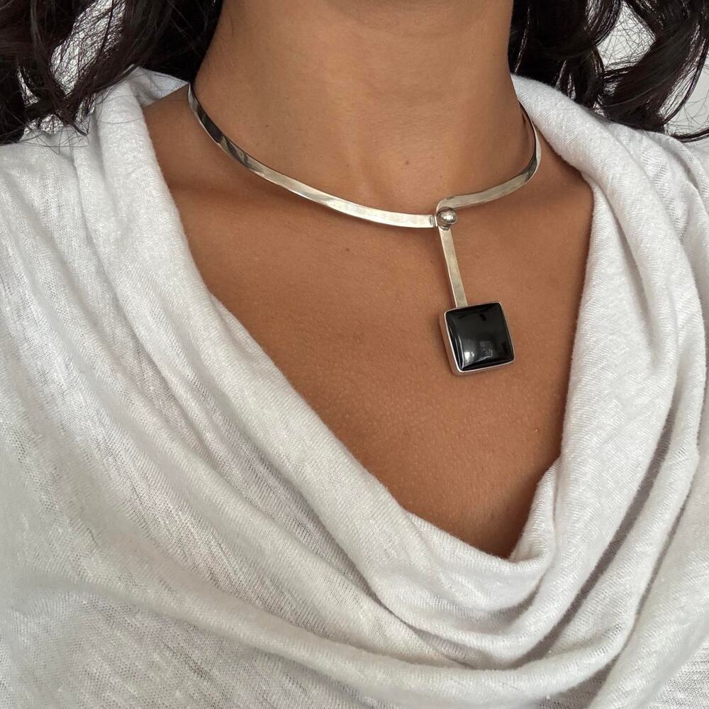 Vintage Mexican 925 Sterling Silver Black Onyx Collar Choker Necklace - Picture 4 of 8